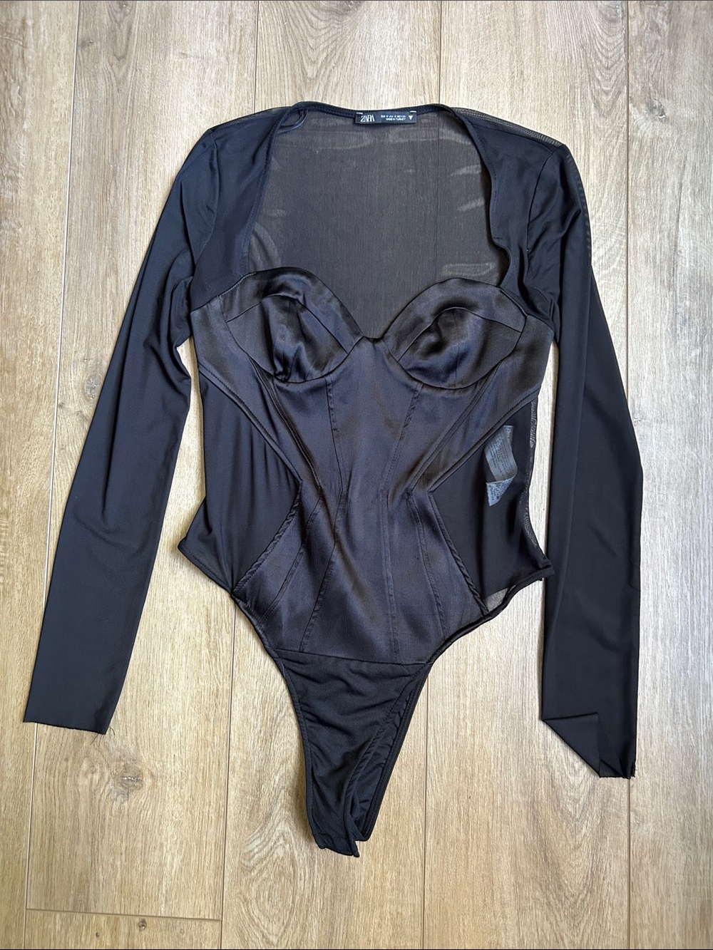 Zara Black Sheer Mesh Long Sleeve Corset Bodysuit M